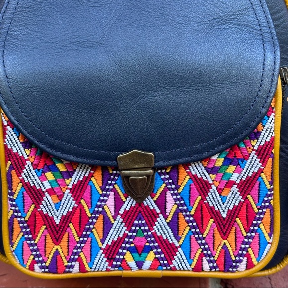 Leather Backpack with huipil woven embroidered fabric handmade in Guatemala New - Picture 3 of 11